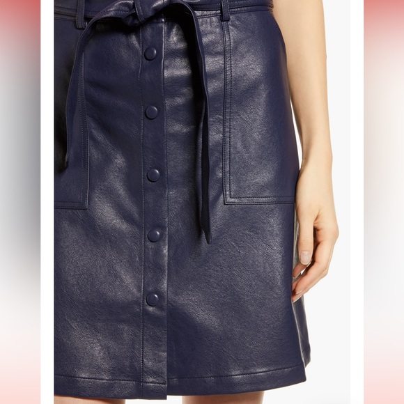 FRNCH Emilou Faux Leather Button Up Belted Skirt. Size M. Navy Blue. High Waist. - Picture 4 of 12